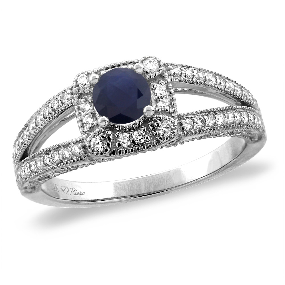 14K White/Yellow Gold Diamond Natural Blue Sapphire Halo Engagement Ring Split Shank Round 4 mm, sizes 5 -10