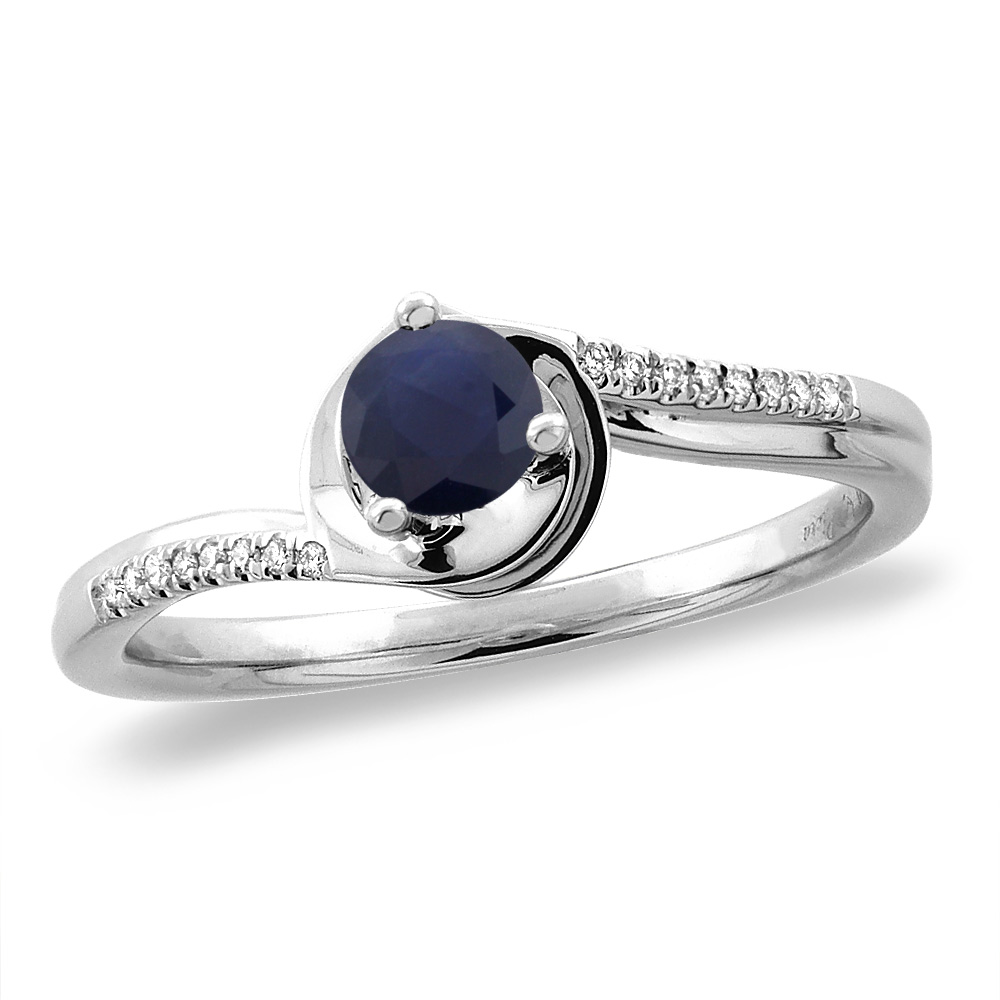 14K White/Yellow Gold Diamond Natural Blue Sapphire Bypass Engagement Ring Round 4 mm, sizes 5 -10