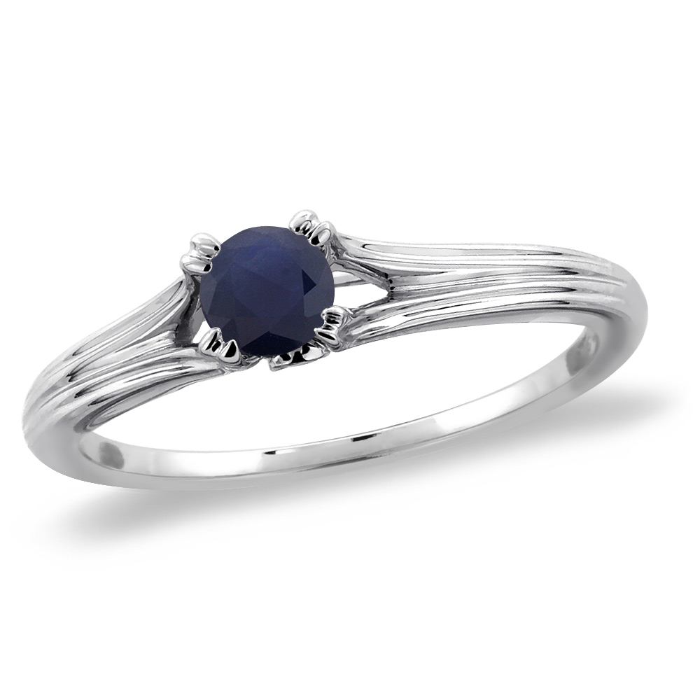 14K White Gold Diamond Natural Blue Sapphire Solitaire Engagement Ring Round 4 mm, sizes 5 -10