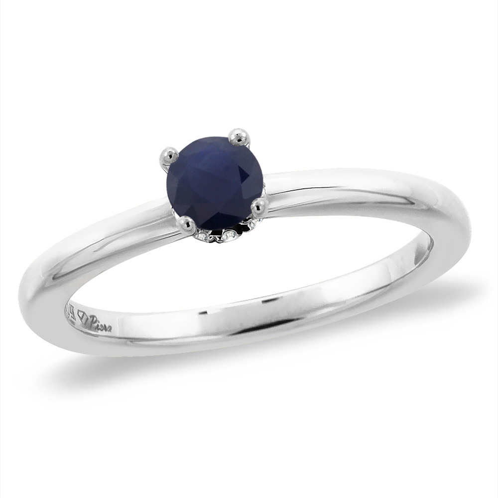 14K White Gold Diamond Natural Blue Sapphire Solitaire Engagement Ring Round 4 mm, sizes 5 -10