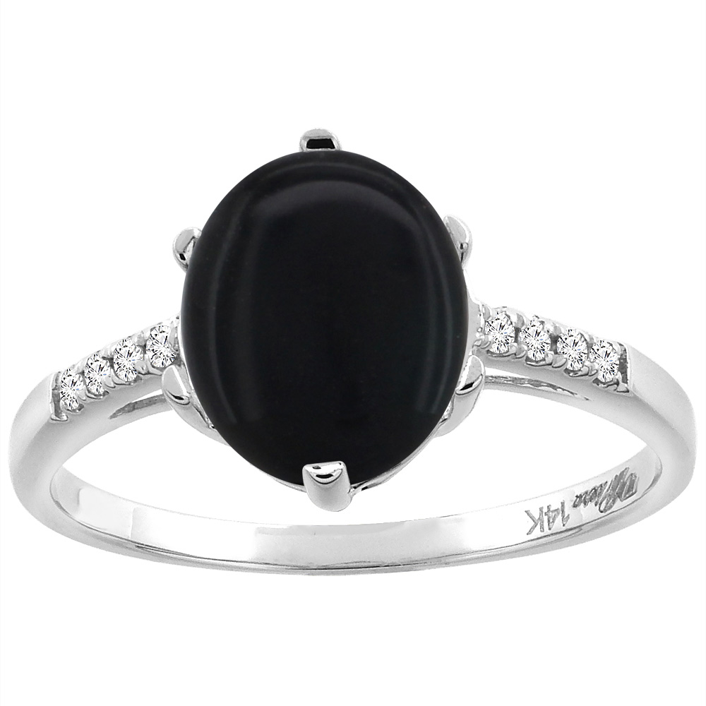 14K White Gold Natural Black Onyx &amp; Diamond Ring Oval 10x8 mm, sizes 5-10