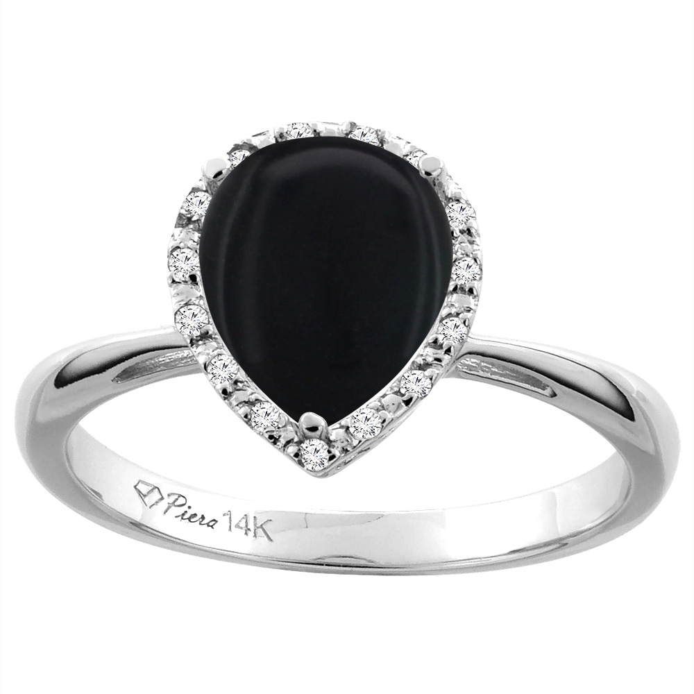 14K White Gold Natural Black Onyx &amp; Diamond Halo Engagement Ring Pear Shape 9x7 mm, sizes 5-10