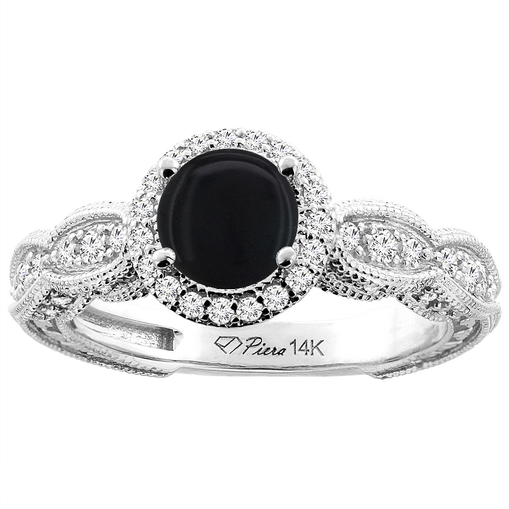 14K White Gold Natural Black Onyx &amp; Diamond Halo Ring Round 6 mm, sizes 5-10