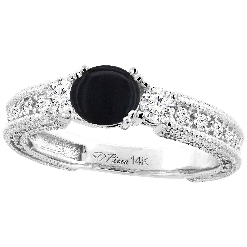 14K White Gold Natural Black Onyx &amp; Diamond Ring Round 6 mm, sizes 5-10