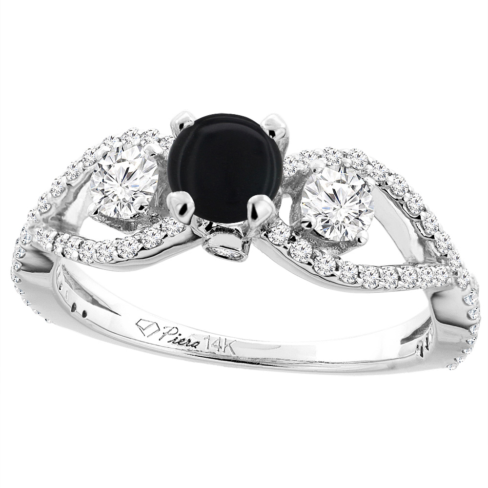 14K White Gold Natural Black Onyx & Diamond Ring Round 6 mm, sizes 5-10