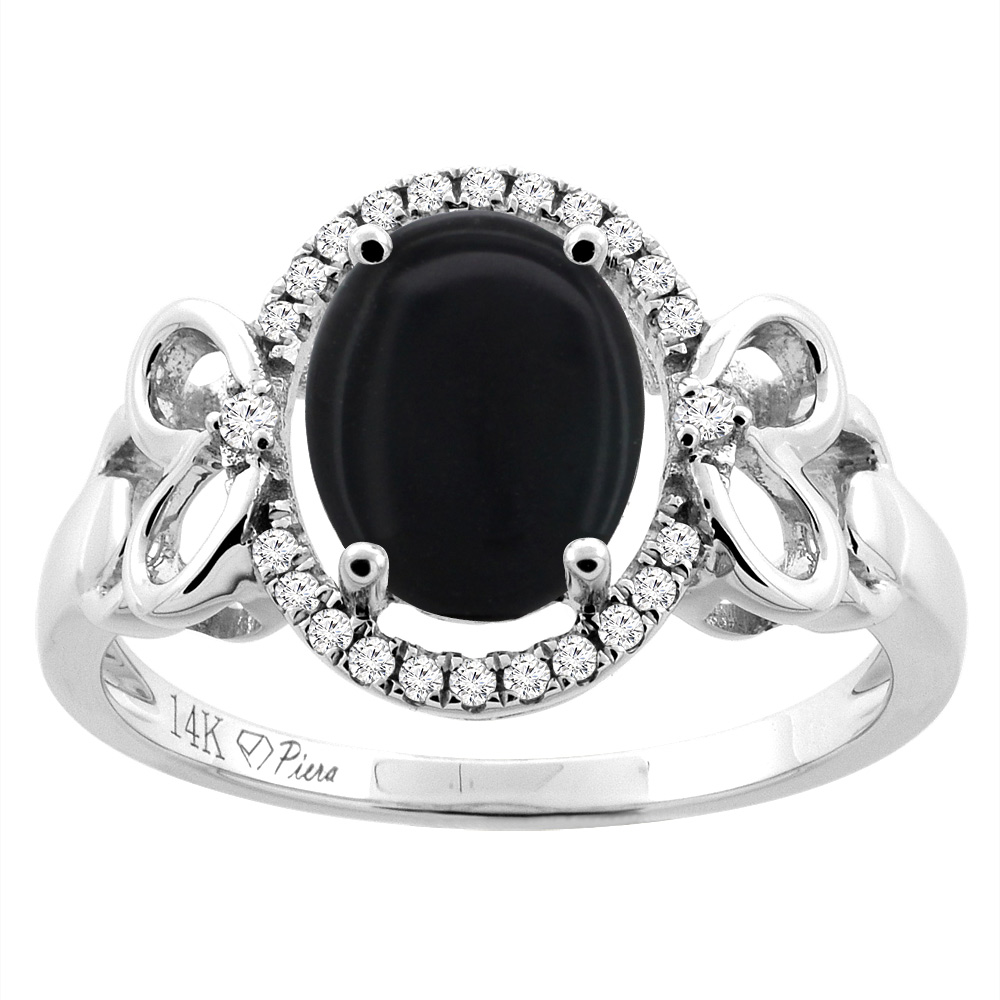14K Gold Natural Black Onyx Halo Ring Oval 9x7 mm Diamond &amp; Heart Accents, sizes 5 - 10