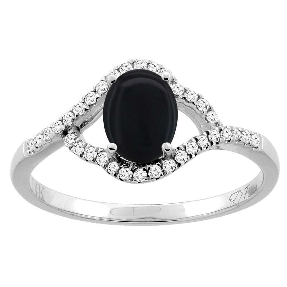 14K Gold Diamond Natural Black Onyx Engagement Ring Oval 7x5 mm, sizes 5 - 10