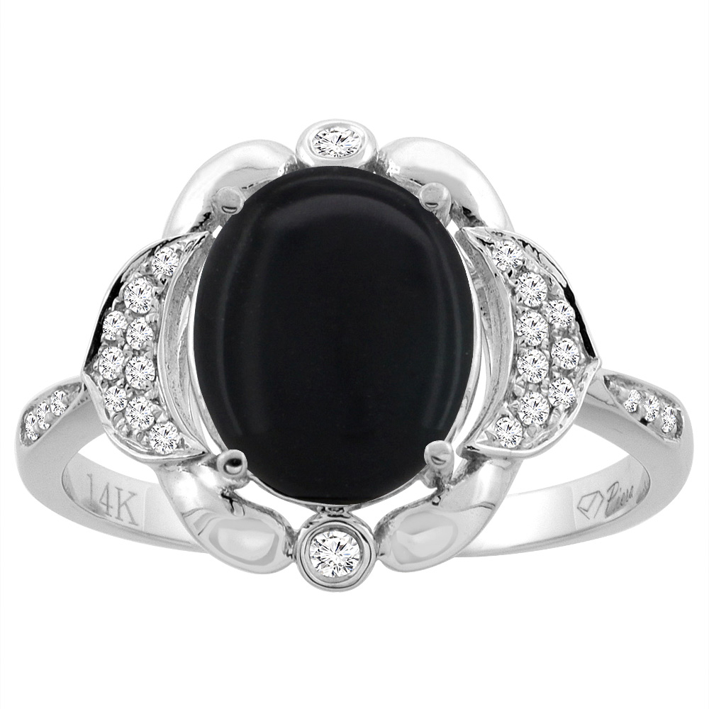 14K White Gold Diamond Natural Black Onyx Engagement Ring Oval 10x8mm, sizes 5-10