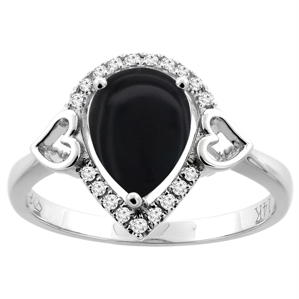 14K Gold Natural Black Onyx Ring Pear Shape 9x7 mm Diamond Accents, sizes 5 - 10