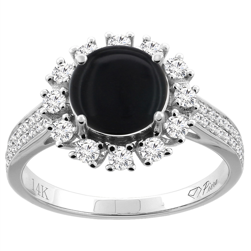 14K Gold Natural Black Onyx Ring Round 8 mm Diamond Accents, sizes 5 - 10
