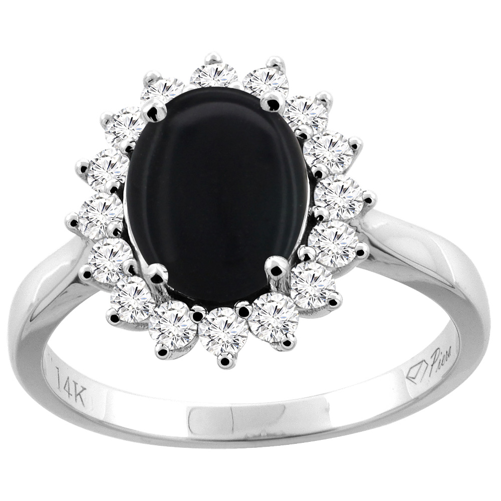 14K Gold Natural Black Onyx Ring Oval 9x7 mm Diamond Accents, sizes 5 - 10