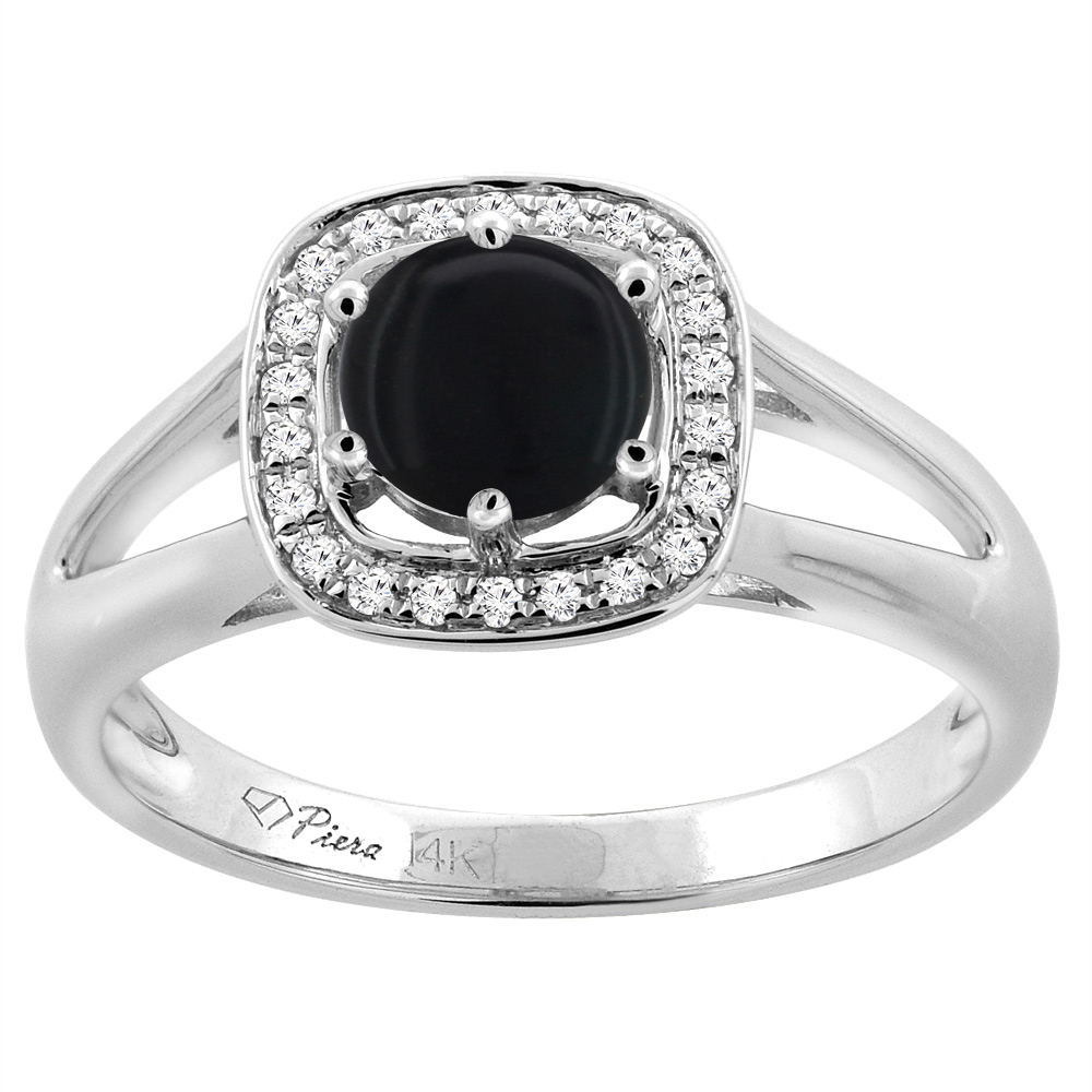 14K White Gold Natural Black Onyx Engagement Halo Ring Round 6 mm &amp; Diamond Accents, sizes 5 - 10