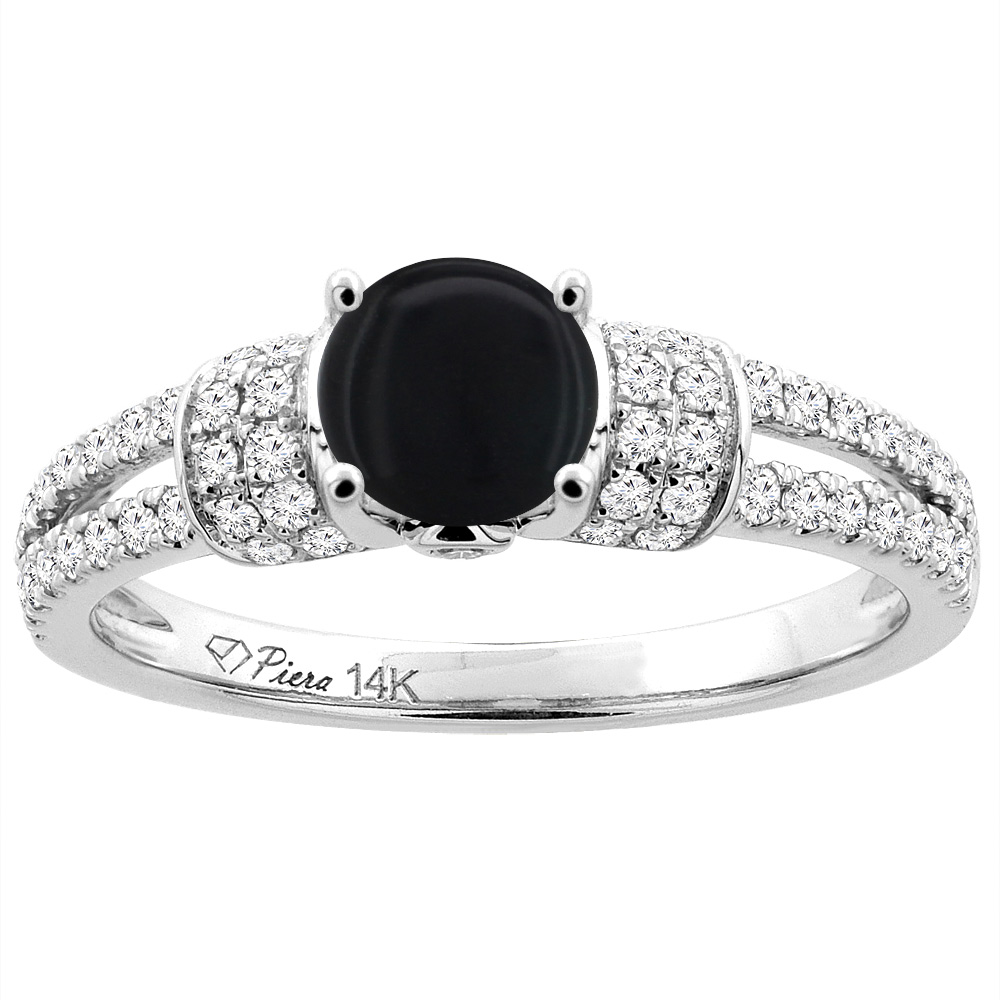 14K White Gold Natural Black Onyx Engagement Ring Round 6 mm &amp; Diamond Accents, sizes 5 - 10