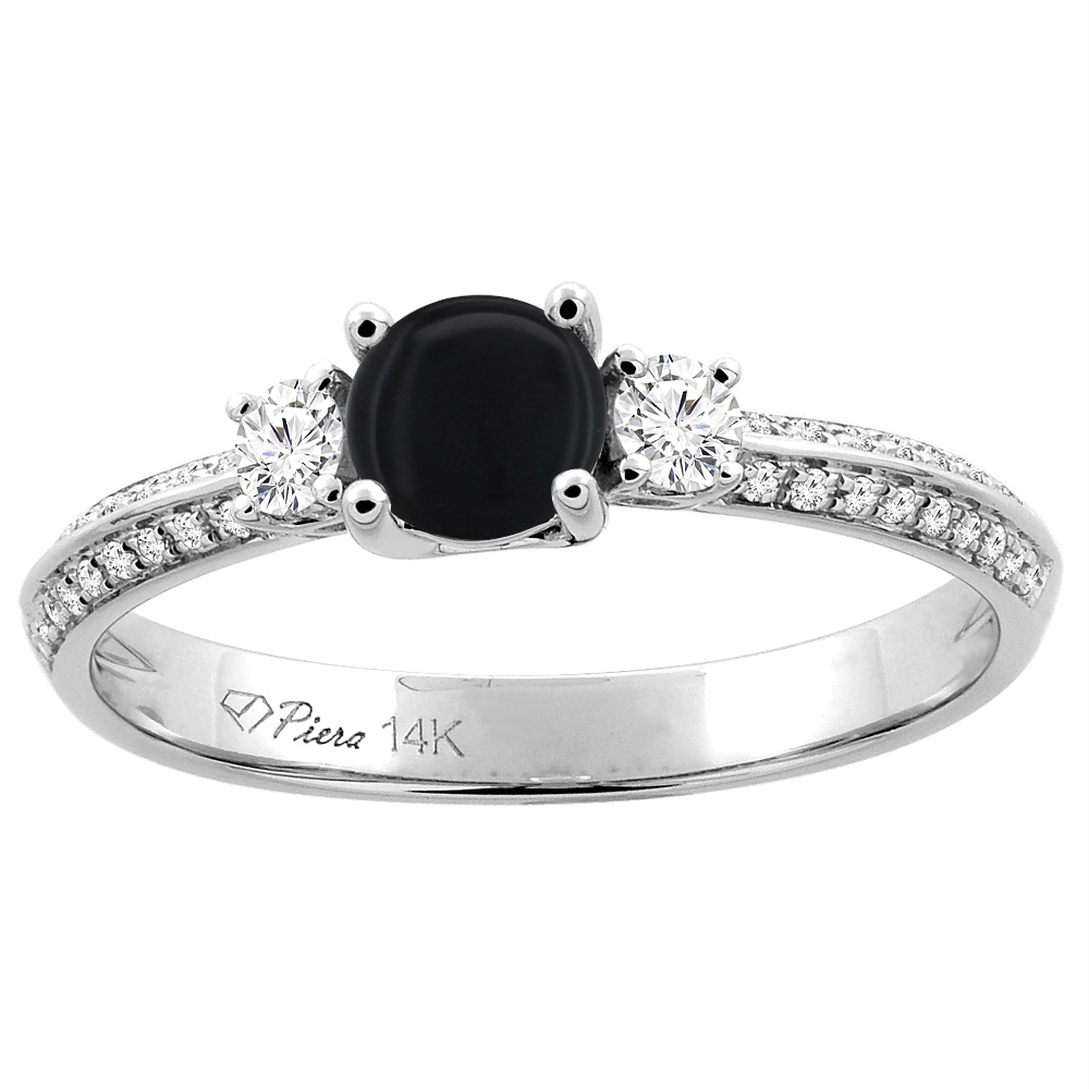 14K White Gold Natural Black Onyx Engagement Ring Round 5 mm &amp; Diamond Accents, sizes 5 - 10