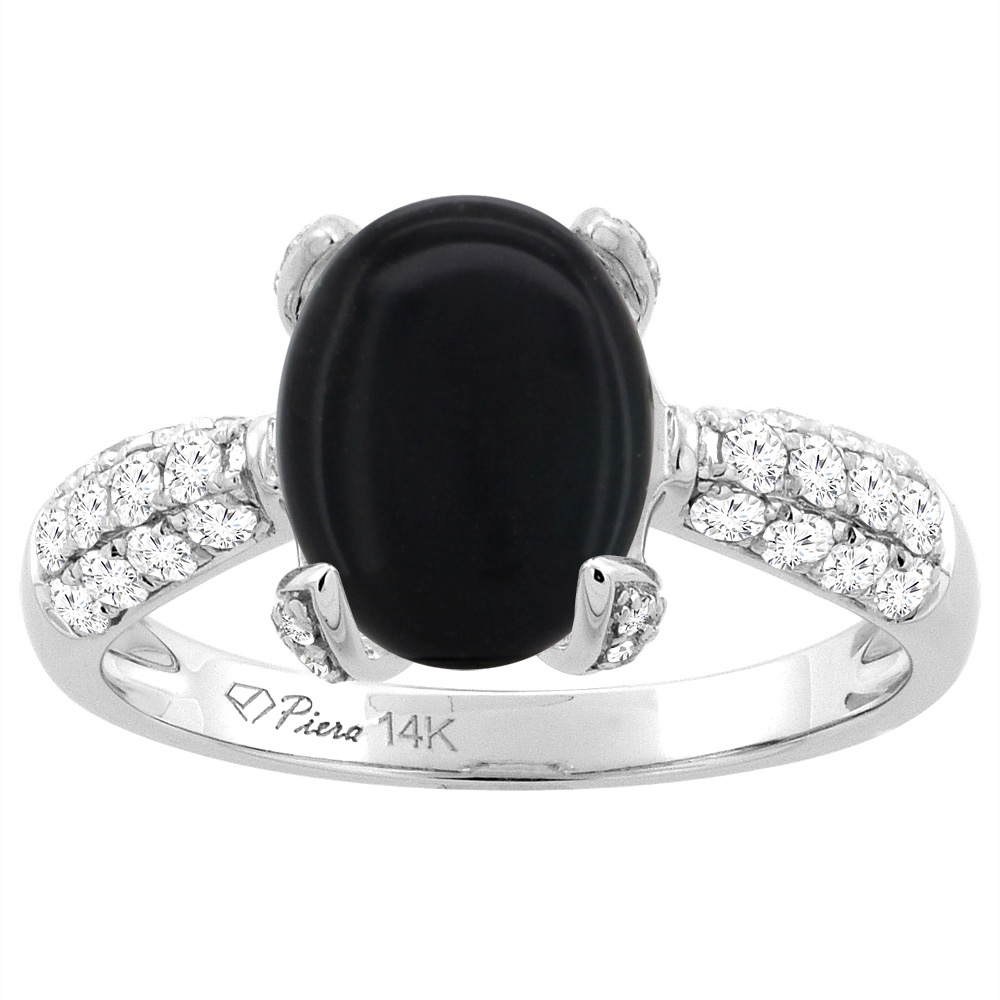 14K White Gold Natural Black Onyx Engagement Ring Oval 10x8 mm & Diamond Accents, sizes 5 - 10