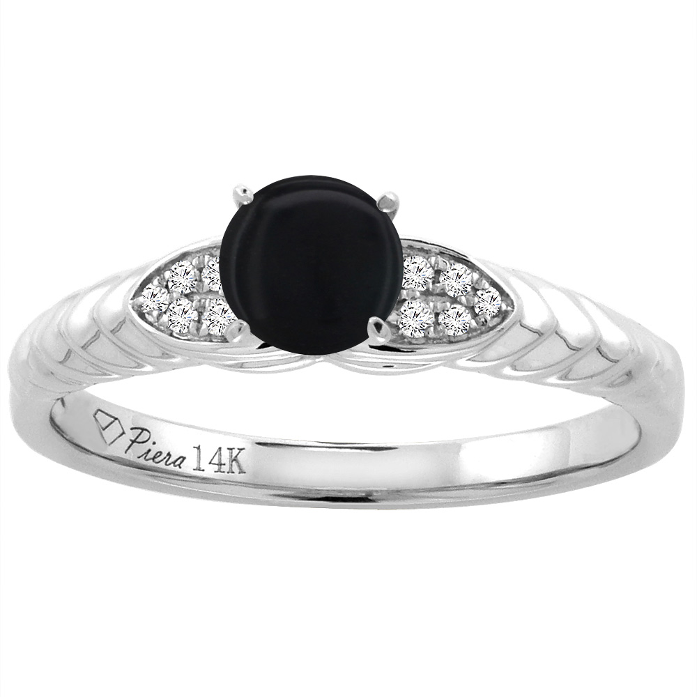 14K White Gold Diamond Natural Black Onyx Engagement Ring Round 5 mm, sizes 5-10