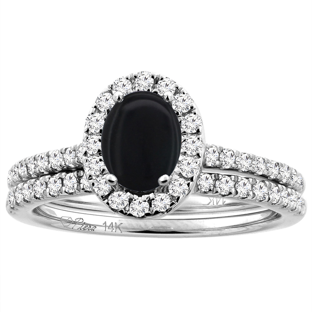 14K White/Yellow Gold Diamond Halo Natural Black Onyx 2pc Engagement Ring Set Oval 7x5 mm, sizes 5-10