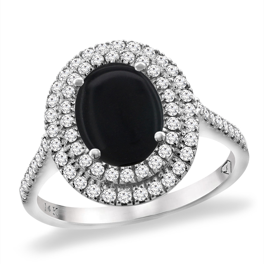 14K White Gold Natural Black Onyx Two Halo Diamond Engagement Ring 9x7 mm Oval, sizes 5 -10