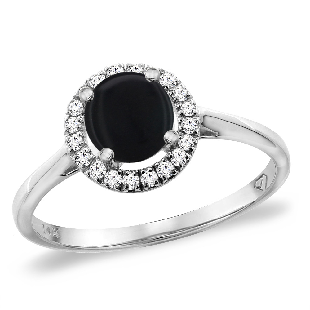 14K White Gold Diamond Halo Natural Black Onyx Engagement Ring Round 6 mm, sizes 5 -10