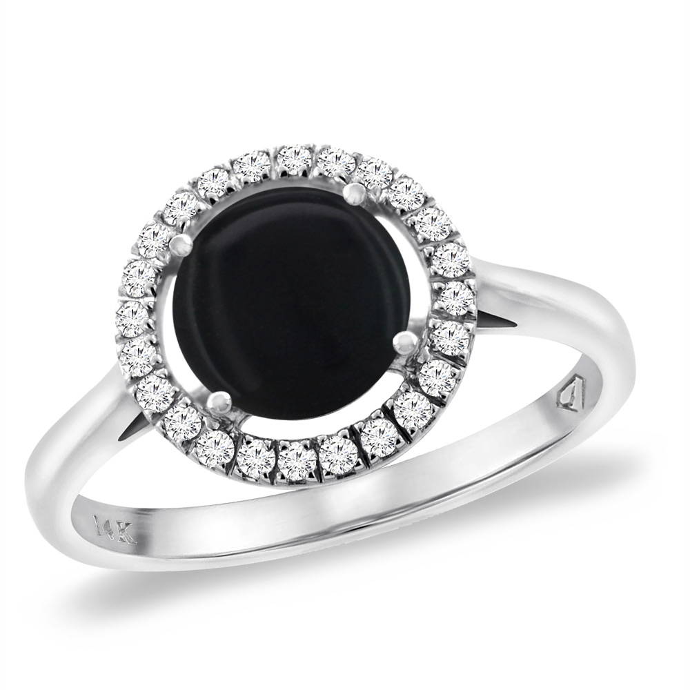 14K White Gold Natural Black Onyx Halo Engagement Ring Round 8 mm, sizes 5 -10
