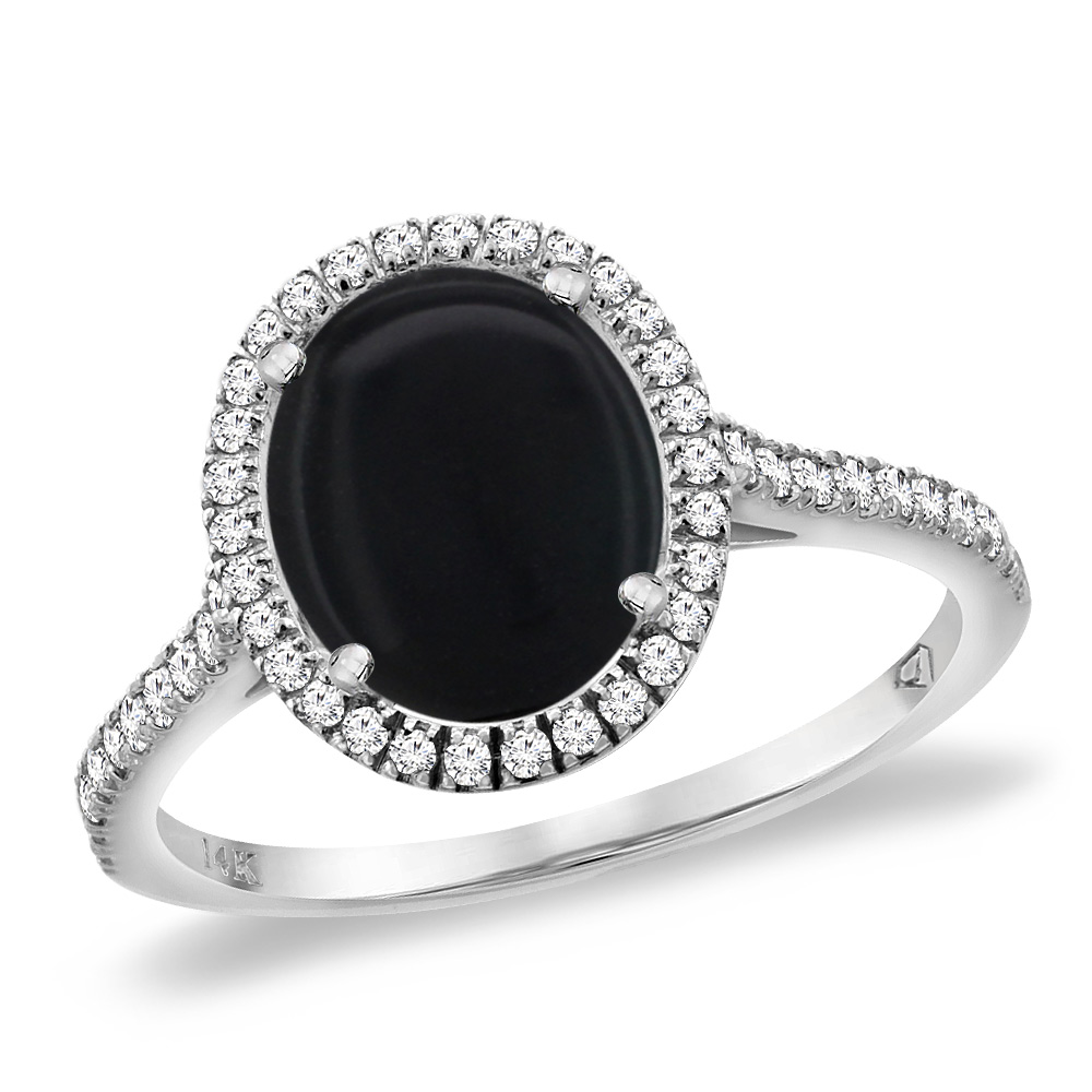 14K White Gold Black Onyx Diamond Halo Engagement Ring 10x8 mm Oval, sizes 5 -10