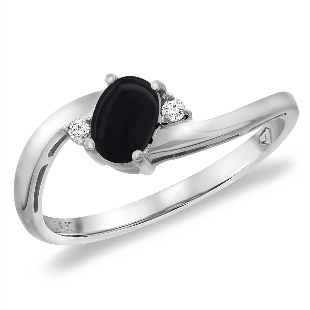 14K White Gold Diamond Natural Black Onyx Bypass Engagement Ring Oval 6x4 mm, sizes 5 -10