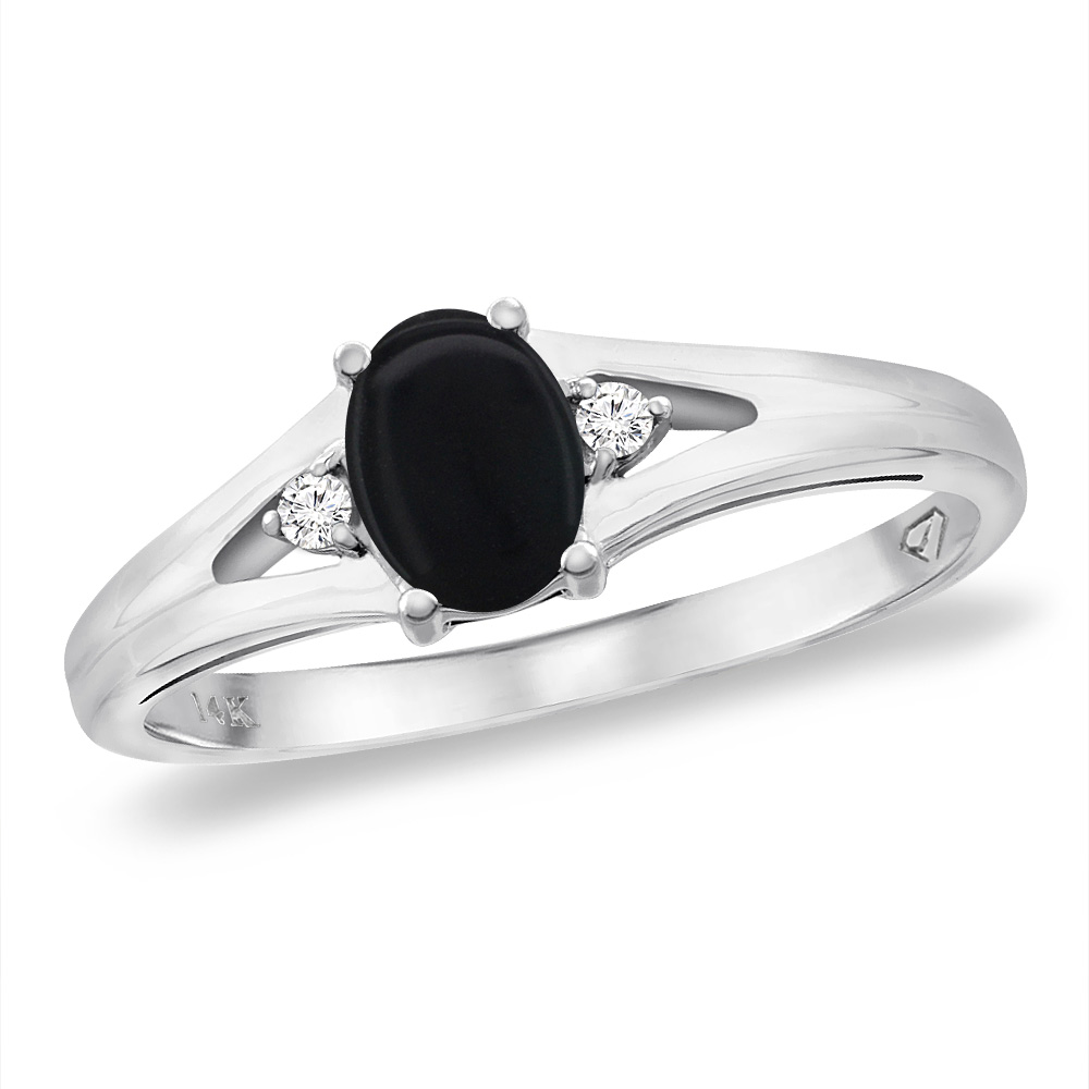 14K White Gold Diamond Natural Black Onyx Engagement Ring Oval 6x4 mm, sizes 5 -10