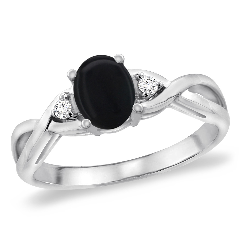 14K White Gold Diamond Natural Black Onyx Infinity Engagement Ring Oval 7x5 mm, sizes 5 -10