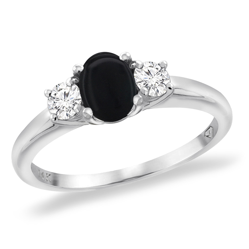14K White Gold Natural Black Onyx Engagement Ring Diamond Accents Oval 7x5 mm, sizes 5 -10