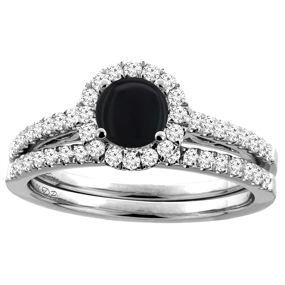 14K White Gold Diamond Natural Black Onyx Halo Engagement Bridal Ring Set Round 6 mm, sizes 5-10