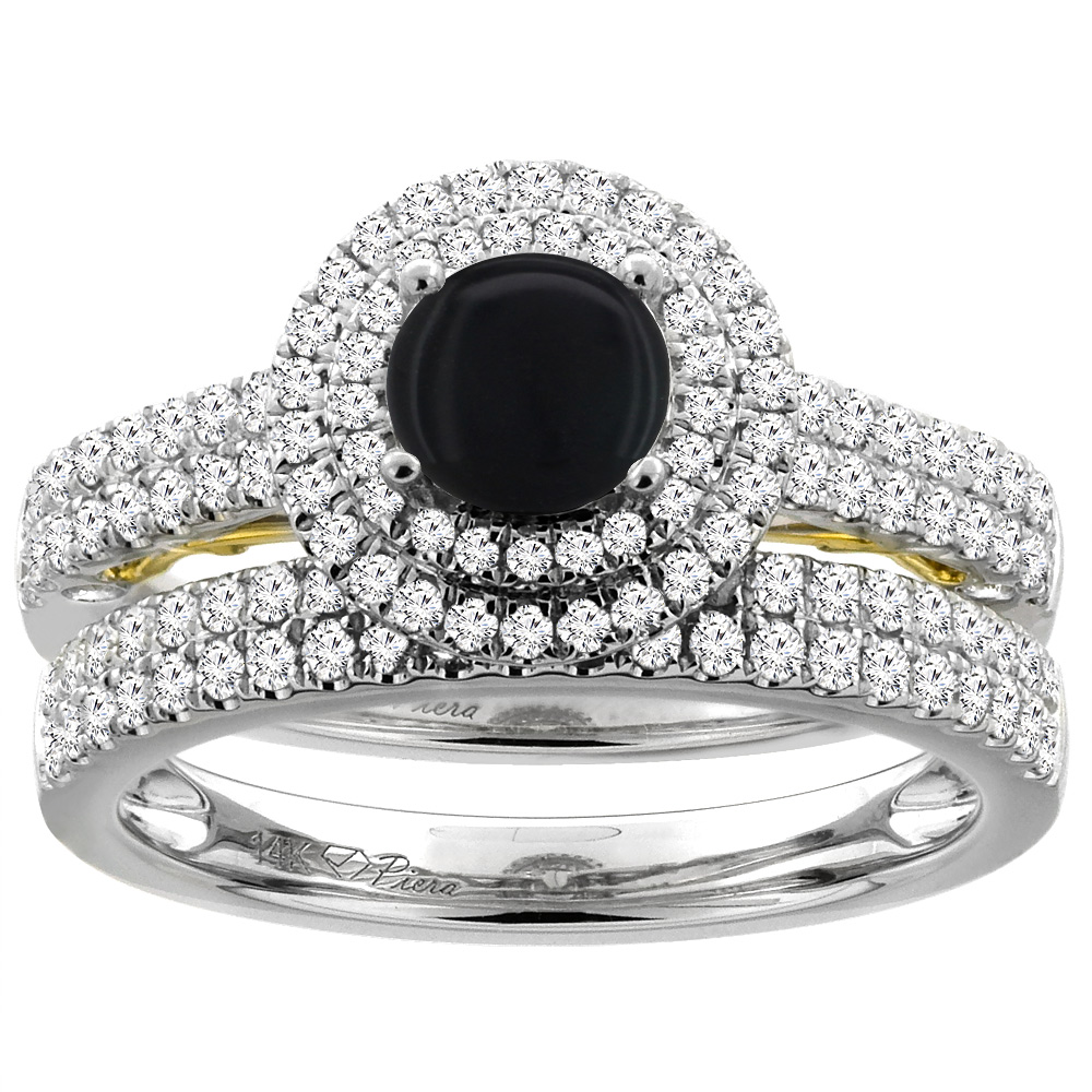 14K White Gold Diamond Natural Black Onyx Halo Engagement Ring Set Round 6 mm, sizes 5-10