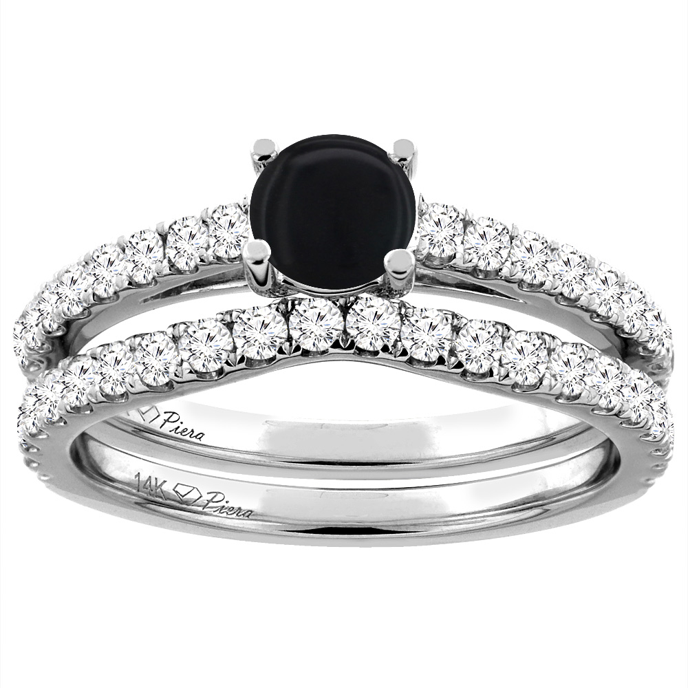 14K White Gold Diamond Natural Black Onyx Engagement Bridal Ring Set Round 6 mm, sizes 5-10