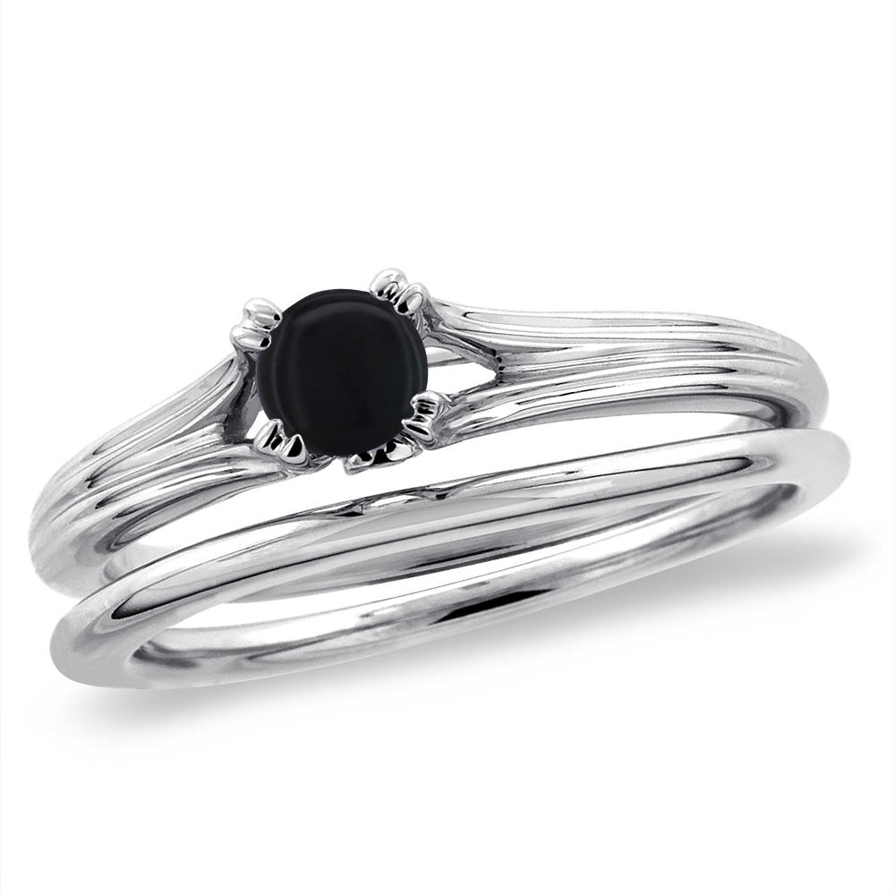 14K White Gold Diamond Natural Black Onyx 2pc Solitaire Engagement Ring Set Round 6 mm, sizes 5-10
