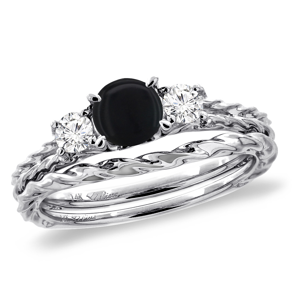 14K White Gold Diamond Natural Black Onyx 2pc Engagement Ring Set Round 6mm Twisted, sizes 5-10