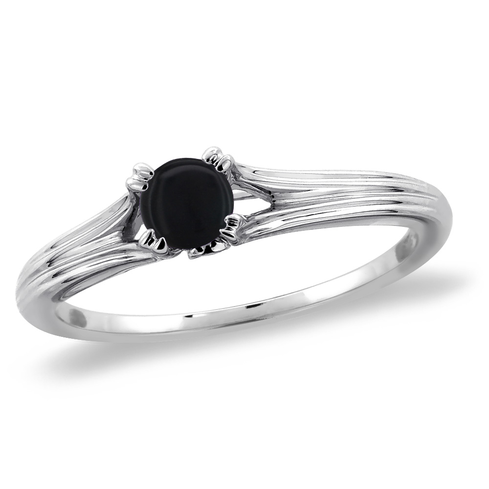 14K White Gold Diamond Natural Black Onyx Solitaire Engagement Ring Round 6 mm, sizes 5 -10
