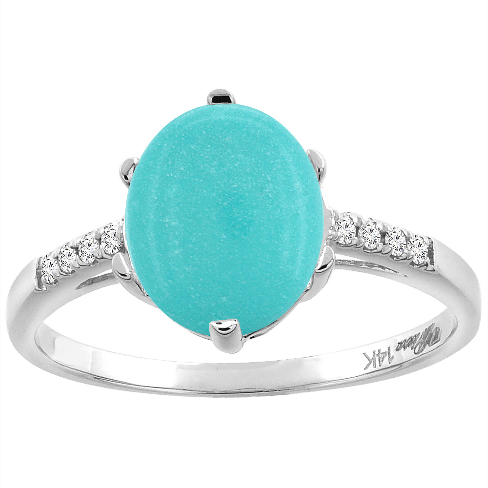 14K White Gold Natural Turquoise &amp; Diamond Ring Oval 10x8 mm, sizes 5-10
