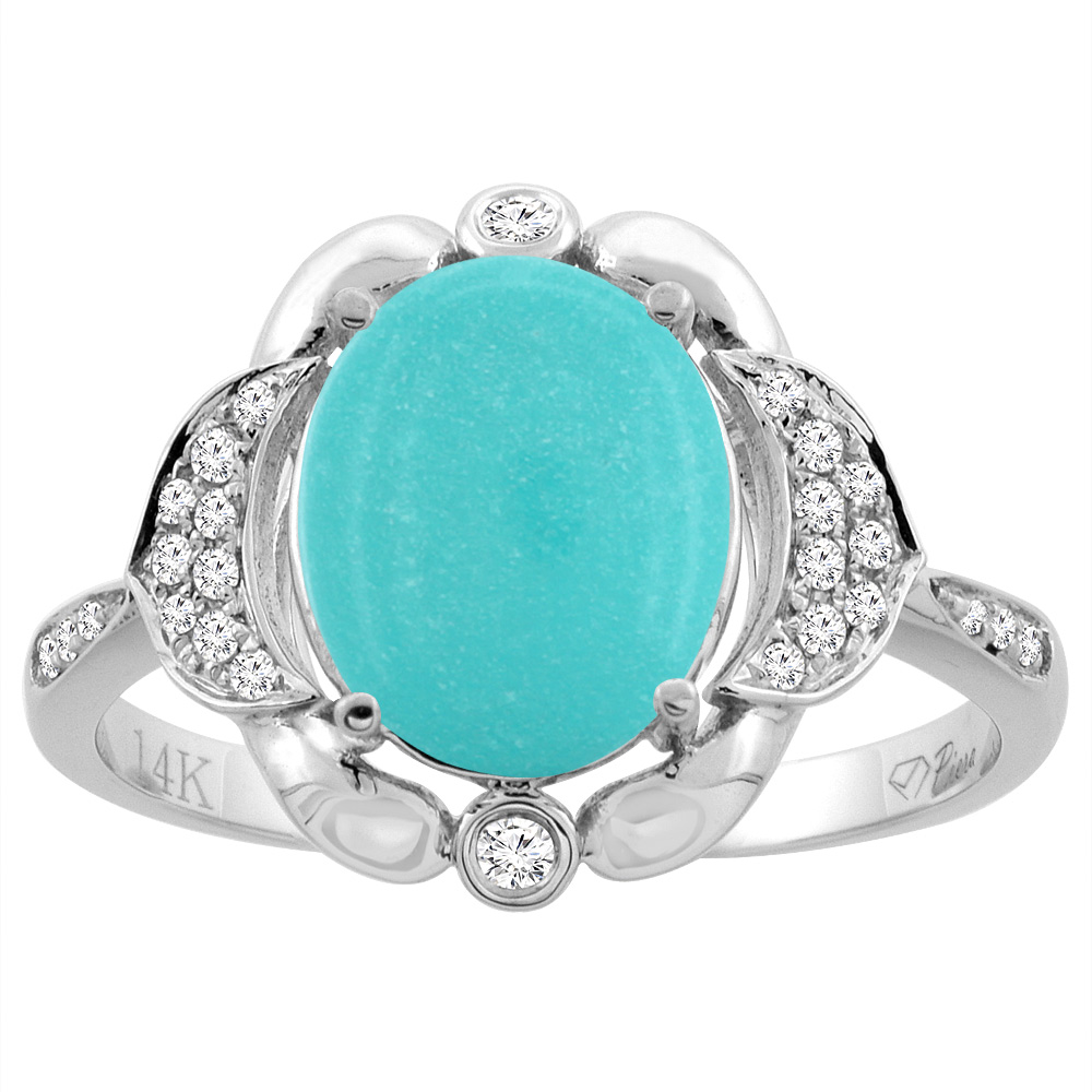 14K White Gold Natural Diamond Sleeping Beauty Turquoise Engagement Ring Oval 10x8mm, sizes 5-10