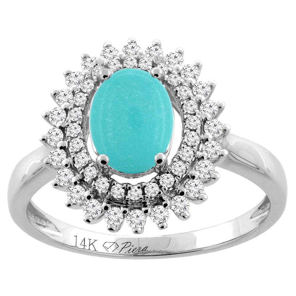 14K Gold Natural Turquoise Ring Oval 8x6 mm Double Halo Diamond Accents, sizes 5 - 10