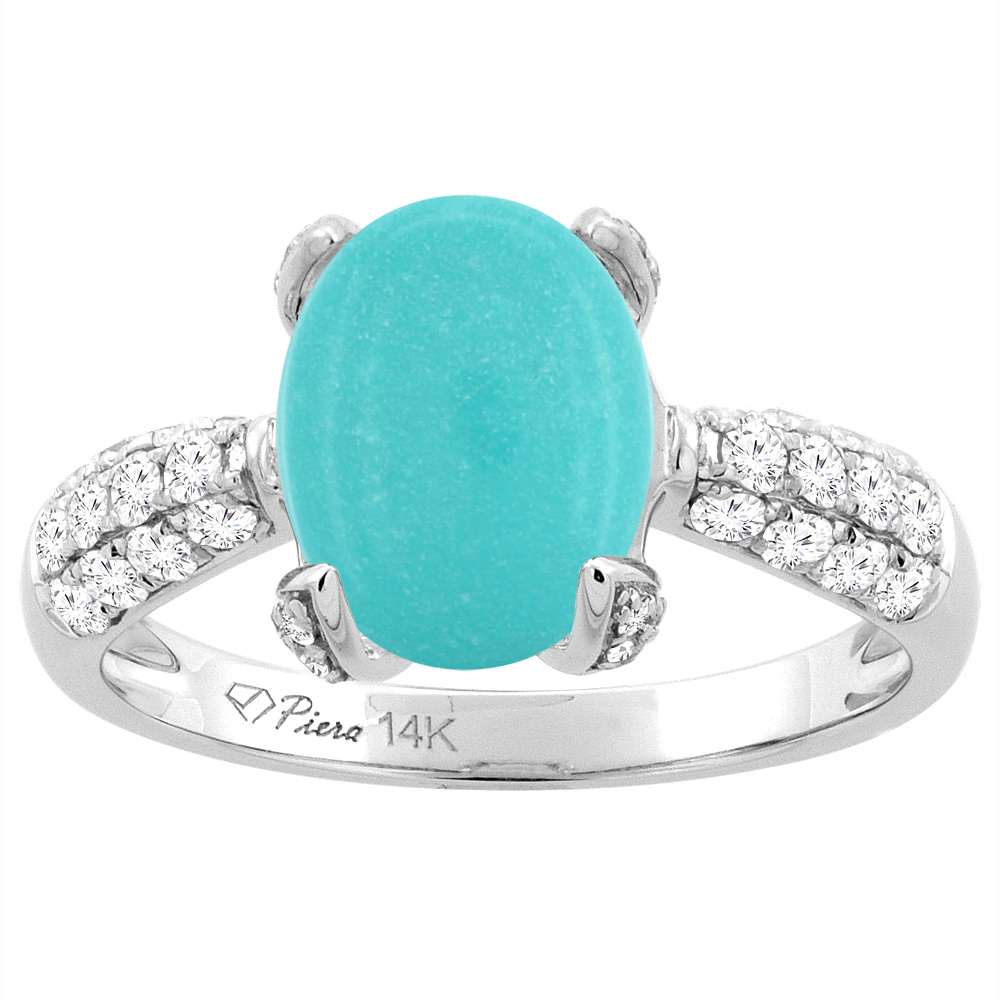 14K White Gold Natural Turquoise Engagement Ring Oval 10x8 mm & Diamond Accents, sizes 5 - 10