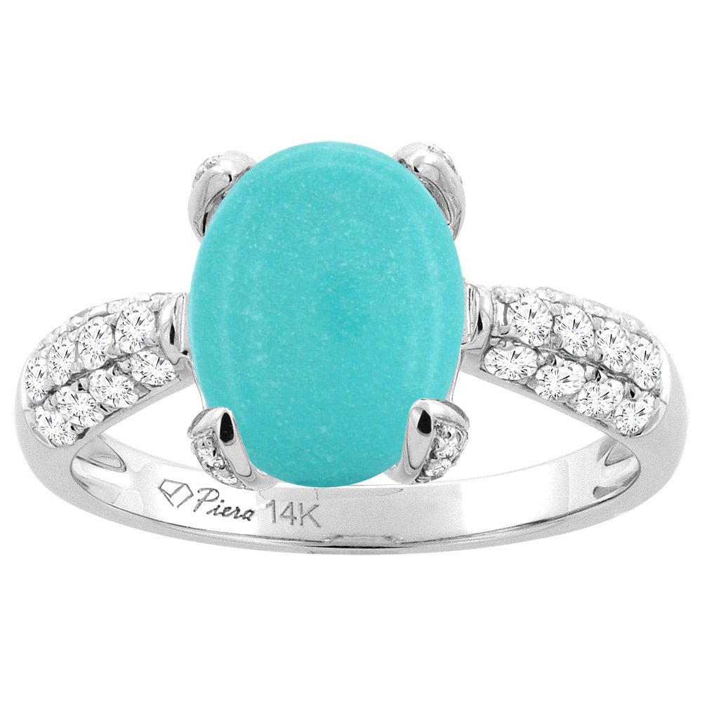 14K White Gold Natural Turquoise Engagement Ring Oval 11x9 mm & Diamond Accents, sizes 5 - 10