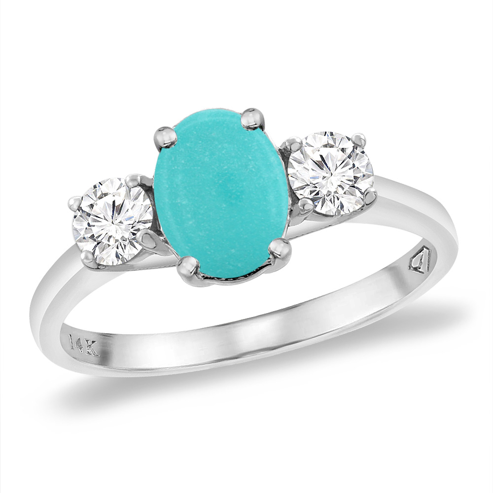 14K White Gold Natural Turquoise & 2pc. Diamond Engagement Ring Oval 8x6 mm, sizes 5 -10