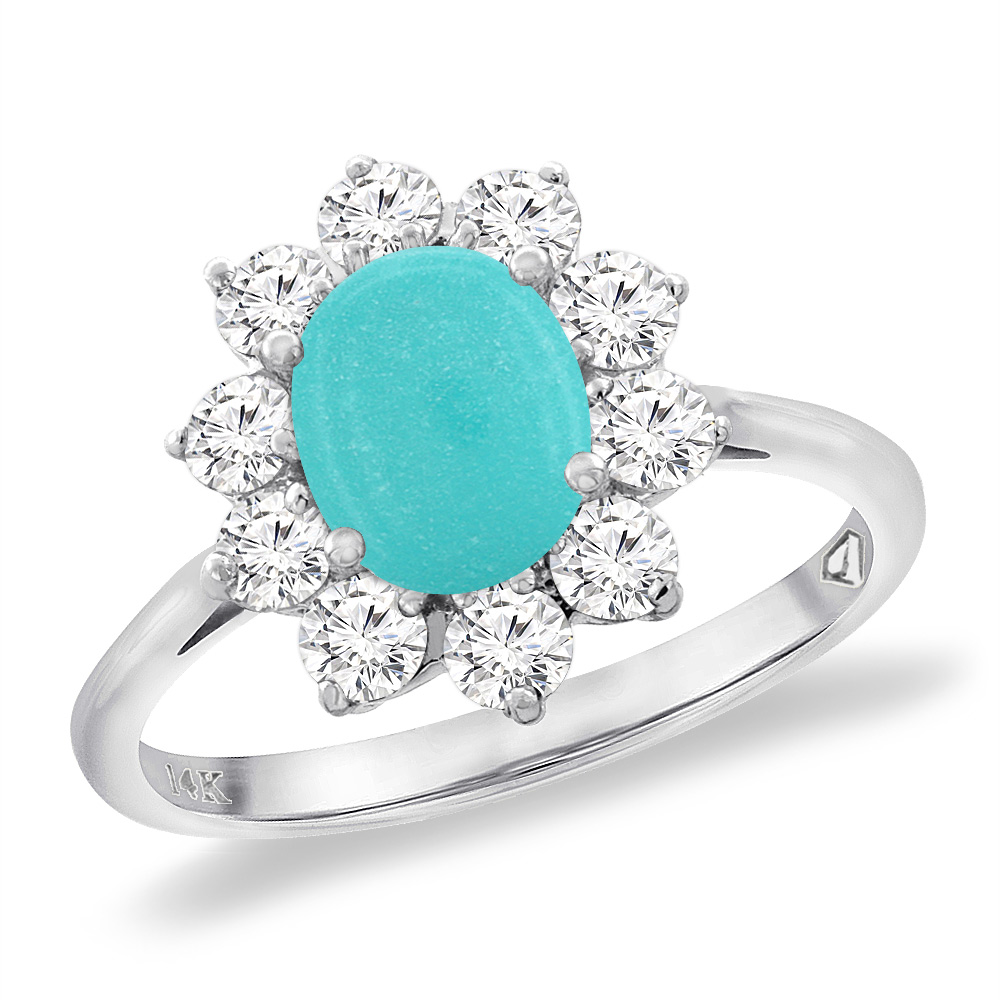 14K White Gold Diamond Natural Turquoise Engagement Ring Oval 8x6 mm, sizes 5 -10