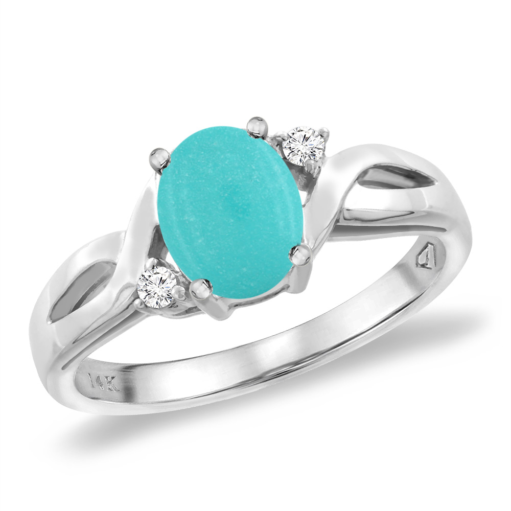 14K White Gold Diamond Natural Turquoise Engagement Ring Oval 8x6 mm, sizes 5 -10