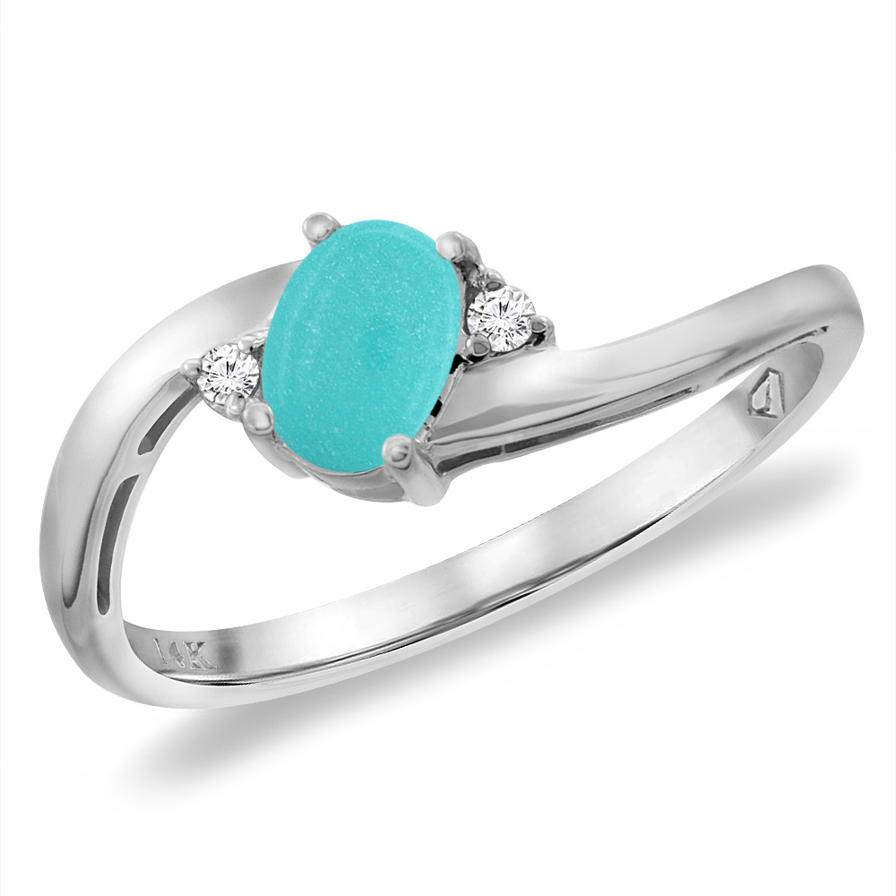 14K White Gold Diamond Natural Turquoise Bypass Engagement Ring Oval 6x4 mm, sizes 5 -10