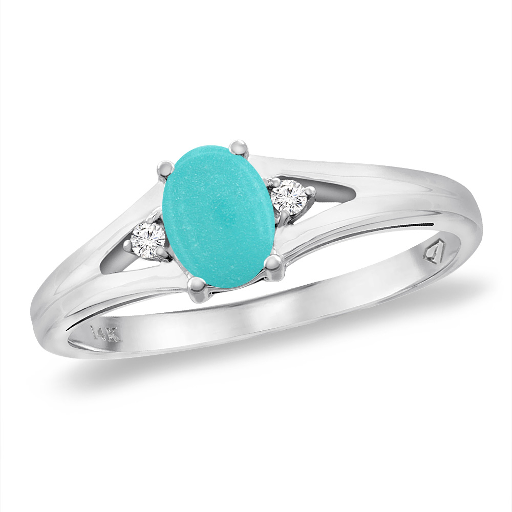 14K White Gold Diamond Natural Turquoise Engagement Ring Oval 6x4 mm, sizes 5 -10