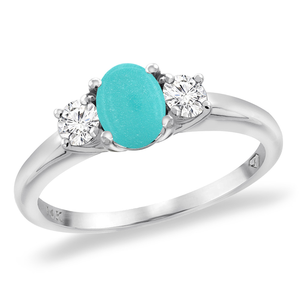 14K White Gold Natural Turquoise Engagement Ring Diamond Accents Oval 7x5 mm, sizes 5 -10