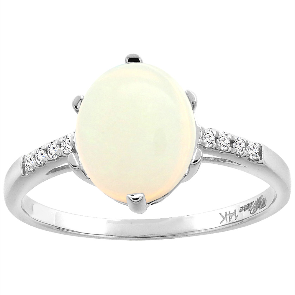 14K White Gold Natural Opal &amp; Diamond Ring Oval 10x8 mm, sizes 5-10