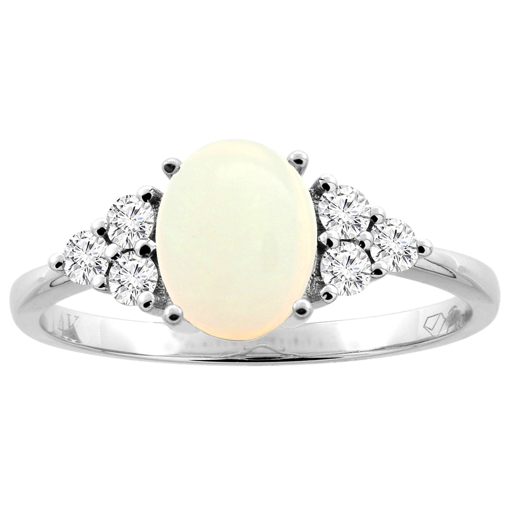 14K Gold Natural Opal Ring Oval 8x6 mm Diamond Accents, sizes 5 - 10