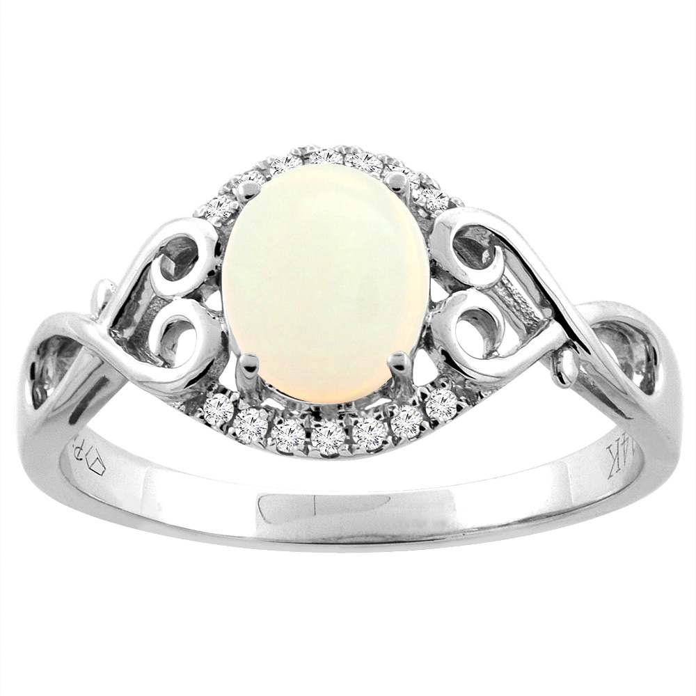 14K Gold Natural Opal Ring Oval 8x6 mm Diamond &amp; Heart Accents, sizes 5 - 10