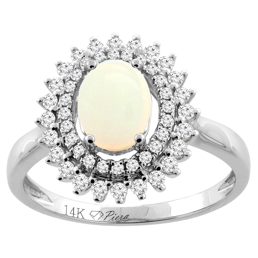 14K Gold Natural Opal Ring Oval 8x6 mm Double Halo Diamond Accents, sizes 5 - 10